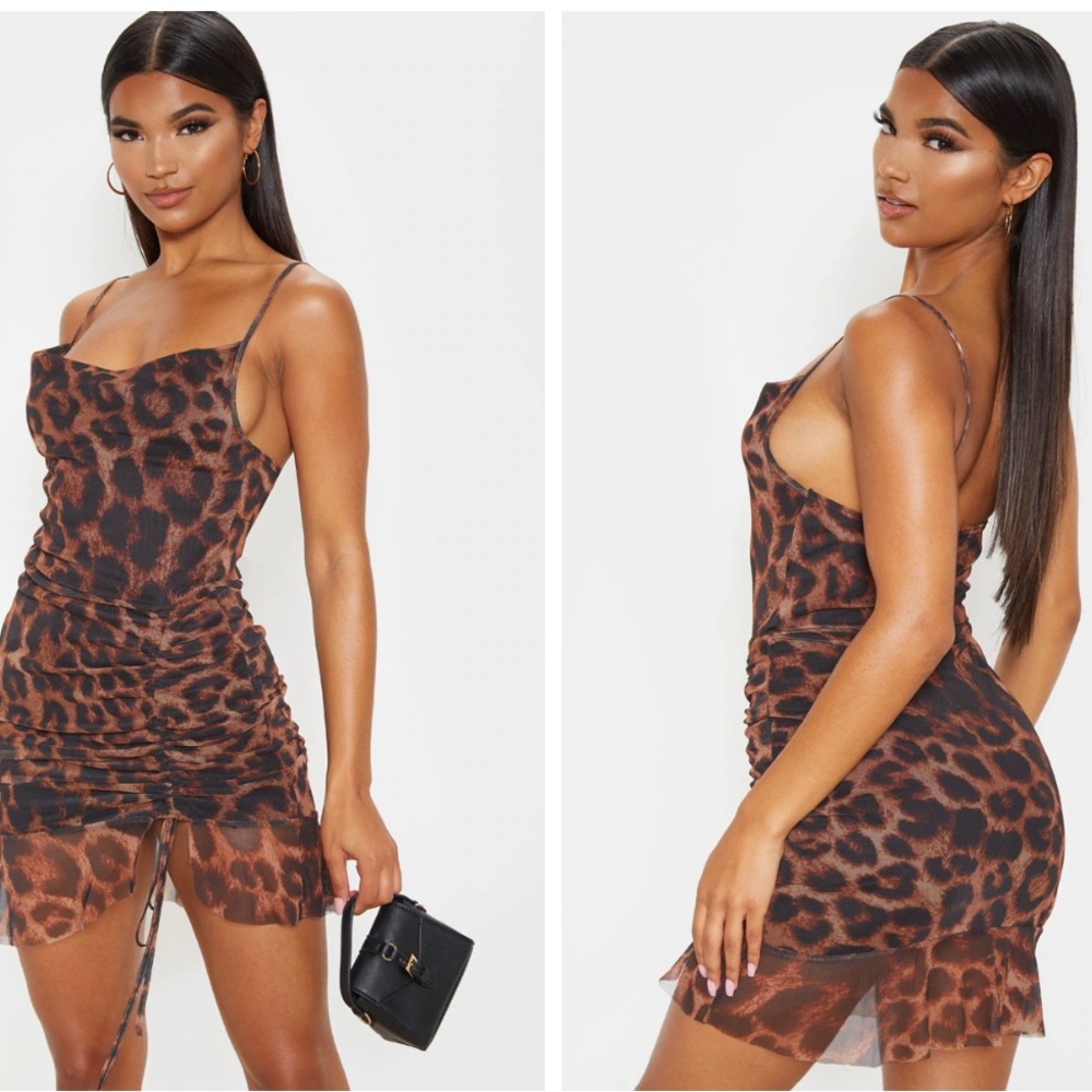 Brown Mesh Leopard Print Ruched Bodycon Dress